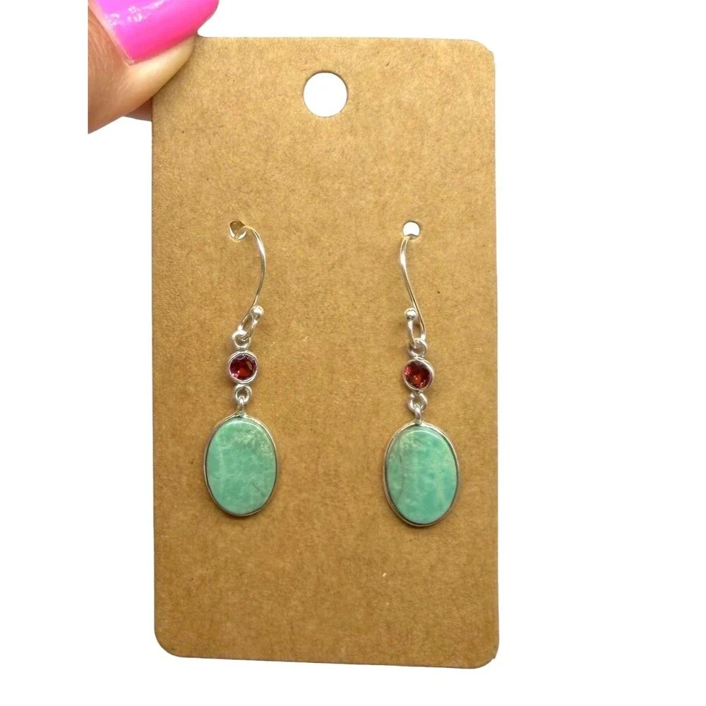 Aztec Mountain Turquoise & Garnet Earrings Solid 925 Sterling Silver Dangle Drop